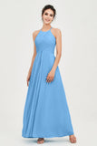 Vestido de dama de honor de gasa plisado con cuello halter, sin mangas, fruncido, formal, de noche, para graduación 