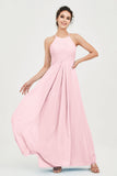 Vestido de dama de honor de gasa plisado con cuello halter, sin mangas, fruncido, formal, de noche, para graduación 
