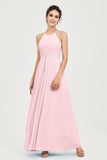 Vestido de dama de honor de gasa plisado con cuello halter, sin mangas, fruncido, formal, de noche, para graduación 