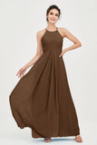 Vestido de dama de honor de gasa plisado con cuello halter, sin mangas, fruncido, formal, de noche, para graduación 
