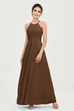 Vestido de dama de honor de gasa plisado con cuello halter, sin mangas, fruncido, formal, de noche, para graduación 