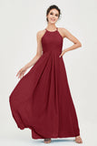 Vestido de dama de honor de gasa plisado con cuello halter, sin mangas, fruncido, formal, de noche, para graduación 