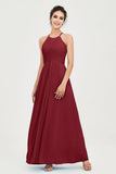 Vestido de dama de honor de gasa plisado con cuello halter, sin mangas, fruncido, formal, de noche, para graduación 