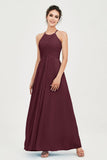 Vestido de dama de honor de gasa plisado con cuello halter, sin mangas, fruncido, formal, de noche, para graduación 