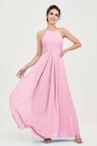Vestido de dama de honor de gasa plisado con cuello halter, sin mangas, fruncido, formal, de noche, para graduación 