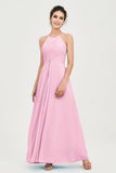Vestido de dama de honor de gasa plisado con cuello halter, sin mangas, fruncido, formal, de noche, para graduación 