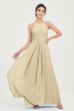 Vestido de dama de honor de gasa plisado con cuello halter, sin mangas, fruncido, formal, de noche, para graduación 