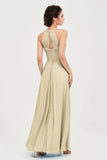 Vestido de dama de honor de gasa plisado con cuello halter, sin mangas, fruncido, formal, de noche, para graduación 