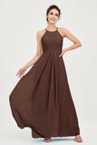Vestido de dama de honor de gasa plisado con cuello halter, sin mangas, fruncido, formal, de noche, para graduación 