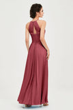 Vestido de dama de honor de gasa plisado con cuello halter, sin mangas, fruncido, formal, de noche, para graduación 