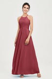 Vestido de dama de honor de gasa plisado con cuello halter, sin mangas, fruncido, formal, de noche, para graduación 