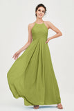 Vestido de dama de honor de gasa plisado con cuello halter, sin mangas, fruncido, formal, de noche, para graduación 