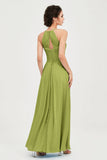 Vestido de dama de honor de gasa plisado con cuello halter, sin mangas, fruncido, formal, de noche, para graduación 