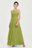 Vestido de dama de honor de gasa plisado con cuello halter, sin mangas, fruncido, formal, de noche, para graduación 