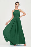 Vestido de dama de honor de gasa plisado con cuello halter, sin mangas, fruncido, formal, de noche, para graduación 