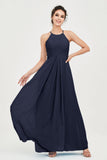 Vestido de dama de honor de gasa plisado con cuello halter, sin mangas, fruncido, formal, de noche, para graduación 
