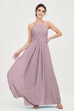 Vestido de dama de honor de gasa plisado con cuello halter, sin mangas, fruncido, formal, de noche, para graduación 