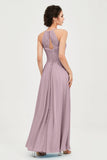 Vestido de dama de honor de gasa plisado con cuello halter, sin mangas, fruncido, formal, de noche, para graduación 