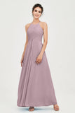Vestido de dama de honor de gasa plisado con cuello halter, sin mangas, fruncido, formal, de noche, para graduación 