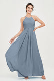 Vestido de dama de honor de gasa plisado con cuello halter, sin mangas, fruncido, formal, de noche, para graduación 