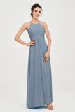Vestido de dama de honor de gasa plisado con cuello halter, sin mangas, fruncido, formal, de noche, para graduación 