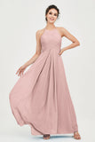 Vestido de dama de honor de gasa plisado con cuello halter, sin mangas, fruncido, formal, de noche, para graduación 