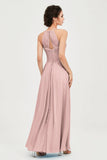Vestido de dama de honor de gasa plisado con cuello halter, sin mangas, fruncido, formal, de noche, para graduación 