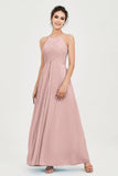 Vestido de dama de honor de gasa plisado con cuello halter, sin mangas, fruncido, formal, de noche, para graduación 