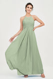 Vestido de dama de honor de gasa plisado con cuello halter, sin mangas, fruncido, formal, de noche, para graduación 