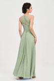 Vestido de dama de honor de gasa plisado con cuello halter, sin mangas, fruncido, formal, de noche, para graduación 