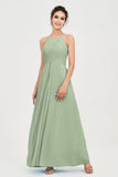 Vestido de dama de honor de gasa plisado con cuello halter, sin mangas, fruncido, formal, de noche, para graduación 