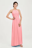 Vestido de dama de honor de gasa plisado con cuello halter, sin mangas, fruncido, formal, de noche, para graduación 