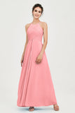 Vestido de dama de honor de gasa plisado con cuello halter, sin mangas, fruncido, formal, de noche, para graduación 