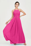 Vestido de dama de honor de gasa plisado con cuello halter, sin mangas, fruncido, formal, de noche, para graduación 