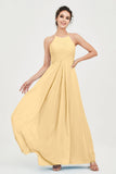 Vestido de dama de honor de gasa plisado con cuello halter, sin mangas, fruncido, formal, de noche, para graduación 