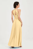 Vestido de dama de honor de gasa plisado con cuello halter, sin mangas, fruncido, formal, de noche, para graduación 