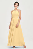 Vestido de dama de honor de gasa plisado con cuello halter, sin mangas, fruncido, formal, de noche, para graduación 