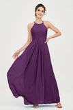 Vestido de dama de honor de gasa plisado con cuello halter, sin mangas, fruncido, formal, de noche, para graduación 