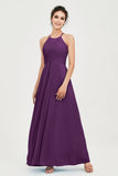 Vestido de dama de honor de gasa plisado con cuello halter, sin mangas, fruncido, formal, de noche, para graduación 