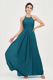 Vestido de dama de honor de gasa plisado con cuello halter, sin mangas, fruncido, formal, de noche, para graduación 