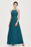Vestido de dama de honor de gasa plisado con cuello halter, sin mangas, fruncido, formal, de noche, para graduación 