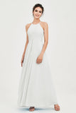 Vestido de dama de honor de gasa plisado con cuello halter, sin mangas, fruncido, formal, de noche, para graduación 
