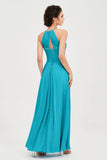 Vestido de dama de honor de gasa plisado con cuello halter, sin mangas, fruncido, formal, de noche, para graduación 