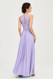 Vestido de dama de honor de gasa plisado con cuello halter, sin mangas, fruncido, formal, de noche, para graduación 