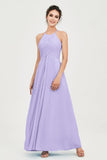 Vestido de dama de honor de gasa plisado con cuello halter, sin mangas, fruncido, formal, de noche, para graduación 