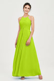 Vestido de dama de honor de gasa plisado con cuello halter, sin mangas, fruncido, formal, de noche, para graduación 
