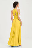 Vestido de dama de honor de gasa plisado con cuello halter, sin mangas, fruncido, formal, de noche, para graduación 