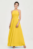 Vestido de dama de honor de gasa plisado con cuello halter, sin mangas, fruncido, formal, de noche, para graduación 