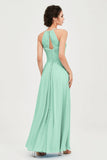 Vestido de dama de honor de gasa plisado con cuello halter, sin mangas, fruncido, formal, de noche, para graduación 
