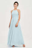 Vestido de dama de honor de gasa plisado con cuello halter, sin mangas, fruncido, formal, de noche, para graduación 